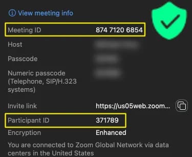 Zoom screenshot showing the green shield icon where Meeting ID and Participant ID can be found